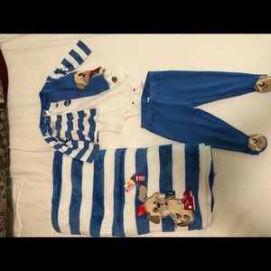 Baby blanket w/ matching onesie w/ sweater & pants